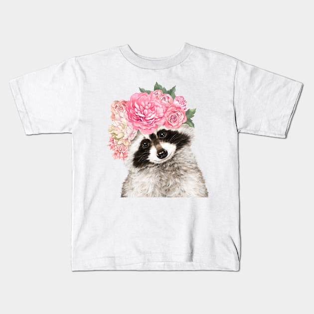 Baby Raccoon with Flower Crown Kids T-Shirt by bignosework